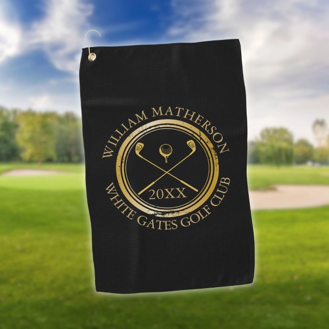 Serviette De Golf Golfeur noir et or et nom du club Date (Black and Gold Golfer And Club Name Date Golf Towel)