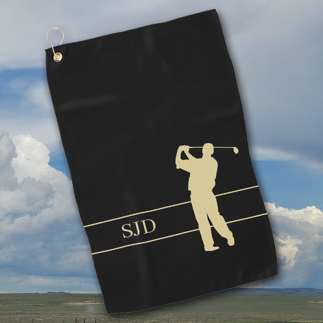 Serviette De Golf Golfeur Or Monogramme sur Fond Noir (Créateur téléchargé)