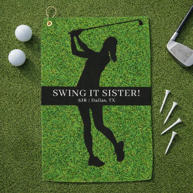 Serviette De Golf Golfeuse Dame Monogramme Silhouette Vert de Golf (Personalize with Initials, City and State.  Edit caption too, if you wish.)