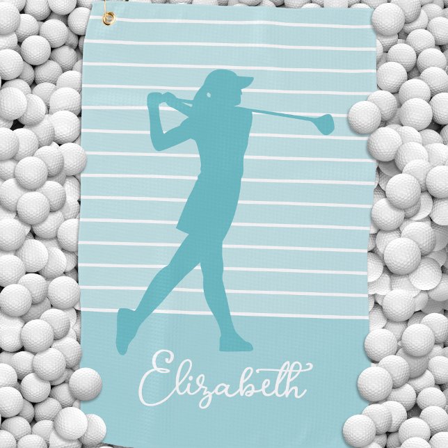Serviette De Golf Golfeuse silhouette monogramme nom sarcelle  (Golfer Silhouette Monogrammed Name Teal Golf Towel)