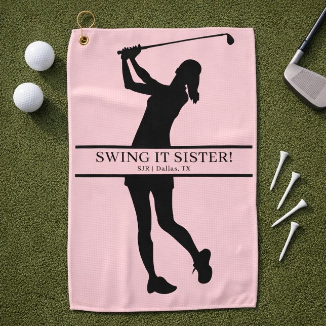 Serviette De Golf Golfeuse Silhouette Monogramme Personnalisé (Personalize with initials, city, state.  Change the phrase too, if you wish)