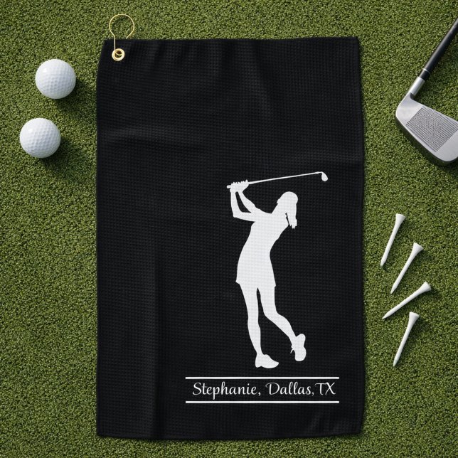 Serviette De Golf Golfeuse Silhouette Nom Ville Monogramme (Personalize with name, city and state)