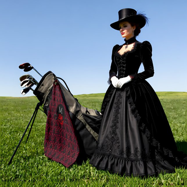 Serviette De Golf Gothic Red Damask Rose Monogram (Créateur téléchargé)