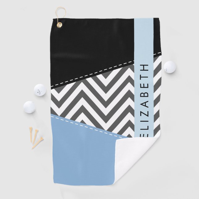 Serviette De Golf Grey Zigzag, Grey Chevron, Bleu, Votre Nom (En situation)