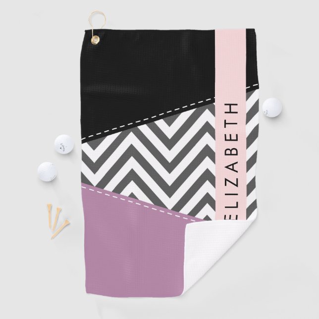 Serviette De Golf Grey Zigzag, Grey Chevron, Purple, Votre Nom (En situation)