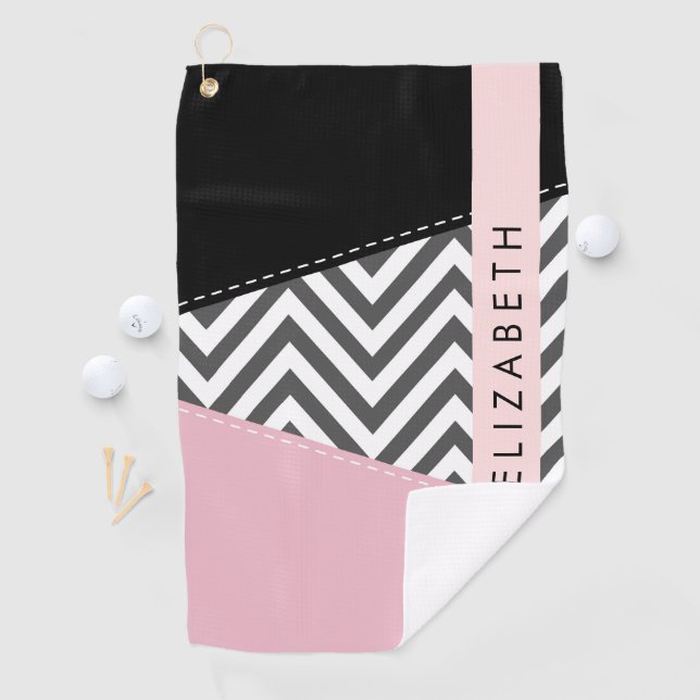 Serviette De Golf Grey Zigzag, Grey Chevron, Rose, Votre Nom (En situation)