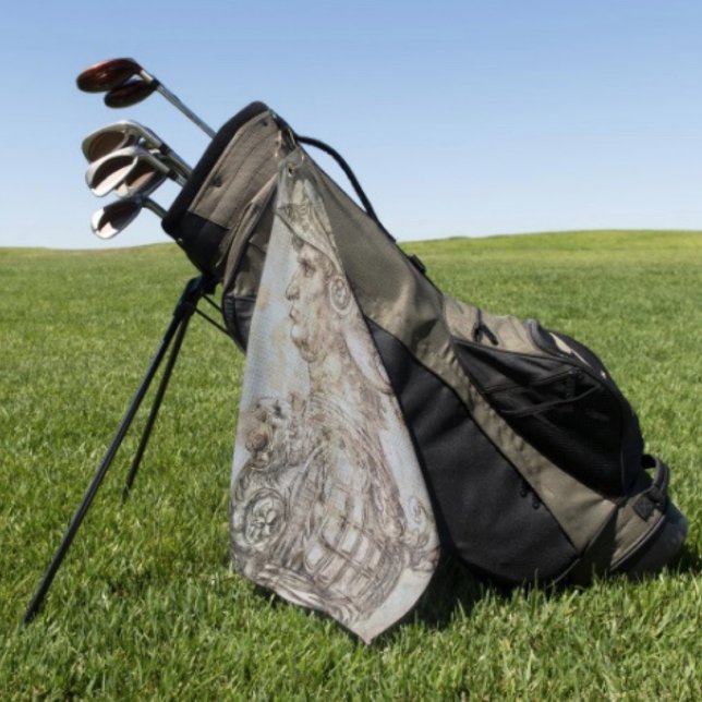 Serviette De Golf Guerrier casqué de Léonard  (Da Vinci’s Ancient Warrior Sketch Golf Towel – Golfer Gift Custom Sports Gear)