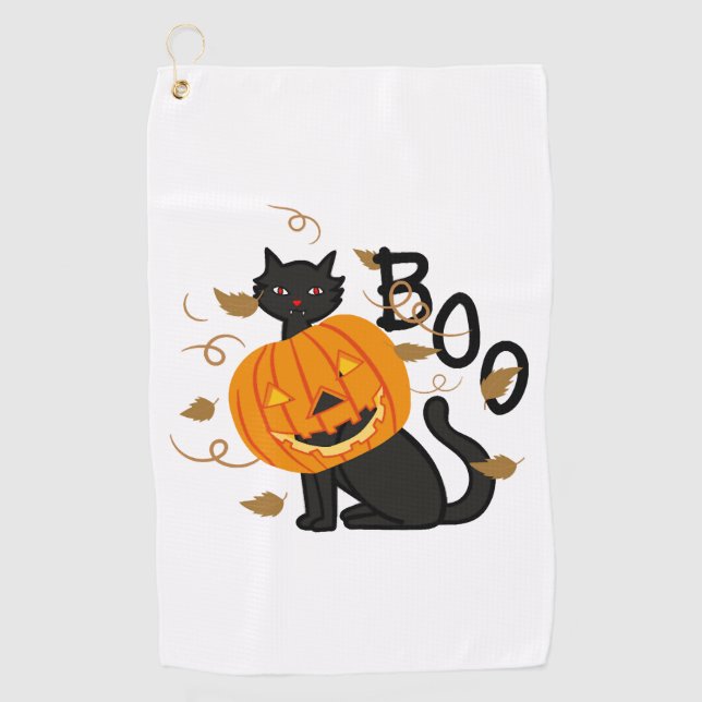 Serviette De Golf Halloween chat noir Boo (Devant)