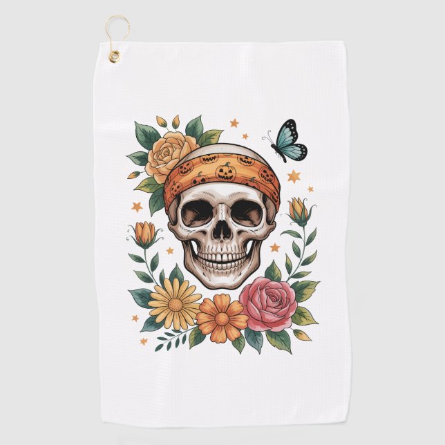 Serviette De Golf Halloween floral crâne Éffrayant (Devant)