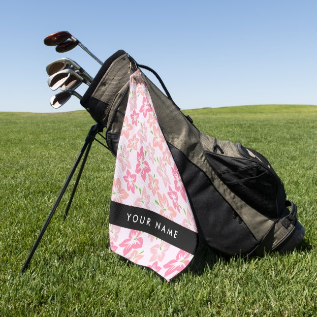 Serviette De Golf Hibiscus rose, Fleurs roses, Votre nom (Vert)