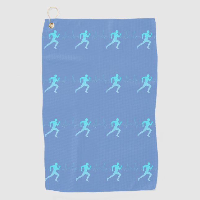 Serviette De Golf Homme Courir Silhouette Gradient & Heartbeat Blue (Devant)