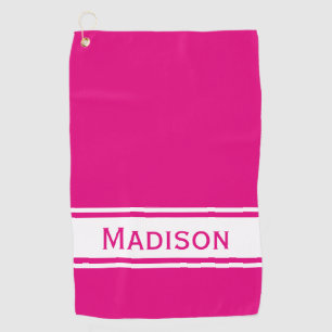 Serviette De Golf Hot Rose White Stripe Nom moderne Monogramme