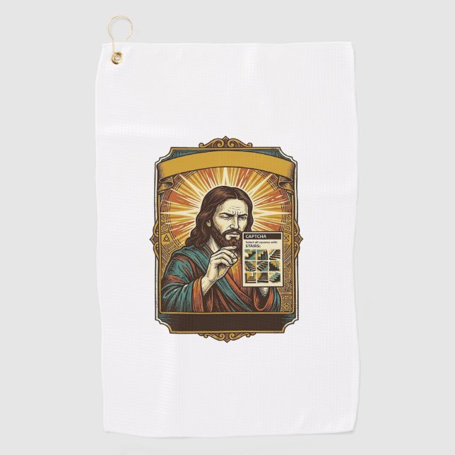 Serviette De Golf Humour Jésus Escaliers Flous Test Captcha Sécurité (Devant)