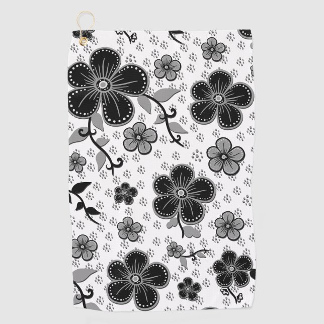 Serviette De Golf Impression florale noir et blanc (Devant)