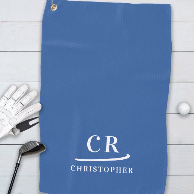 Serviette De Golf Initiales de monogramme moderne élégant Nom Bleu B (Elegant Modern Monogram Initials Name Blue White Golf Towel)