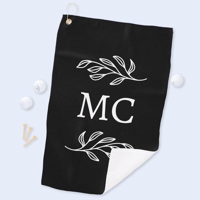 Serviette De Golf Initiales de monogramme personnalisées Feuille bot (Modern personalized monogram initials botanical leaf line art golf towel)