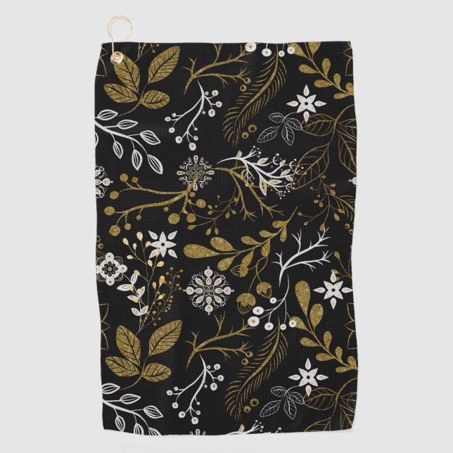 Serviette De Golf Intricate floral pattern with gold and white  (Devant)