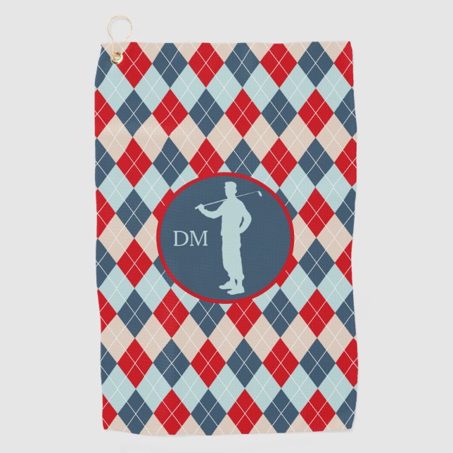 Serviette De Golf Jacquard bleu rouge Silhouette Monogramme de golf (Devant)