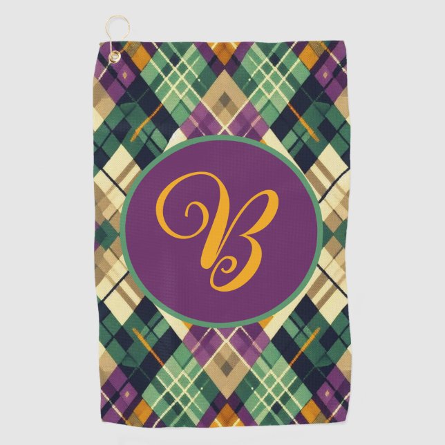 Serviette De Golf Jacquard Mardi Gras jaune violet vert (Devant)