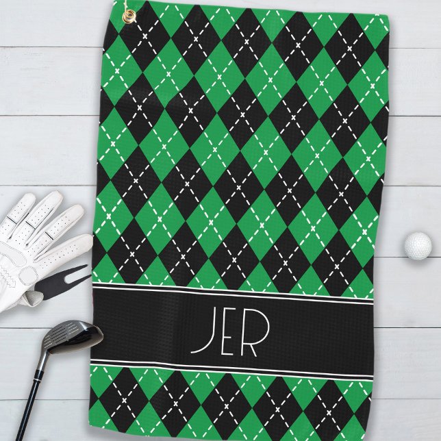 Serviette De Golf Jacquard Plaid Personnalisé Monogramme Initiales N (Argyle Plaid Custom Monogram Initials Black Green Golf Towel)