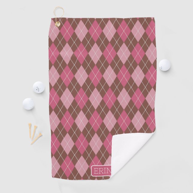 Serviette De Golf Jacquard rose et Brown avec votre nom ou vos initi (En situation)