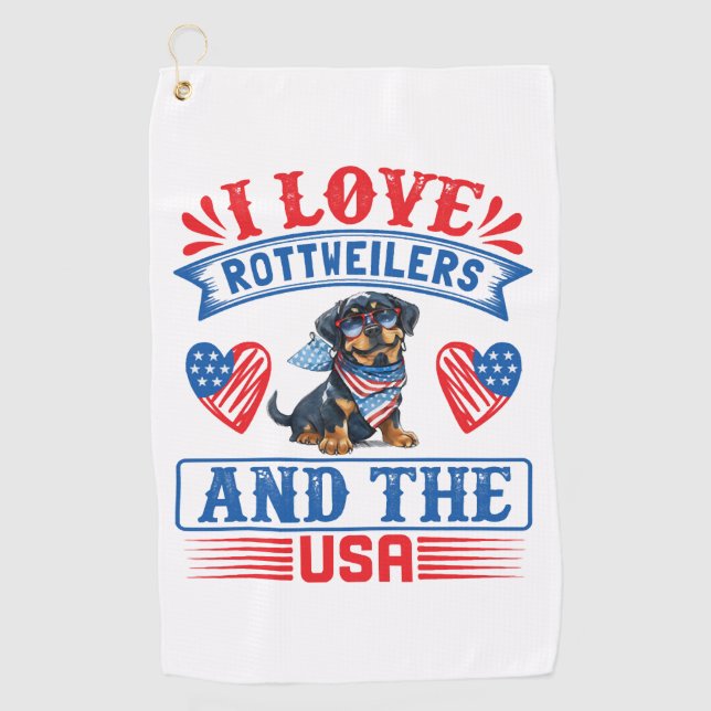 Serviette De Golf J'aime les Rottweilers et les USA (Devant)
