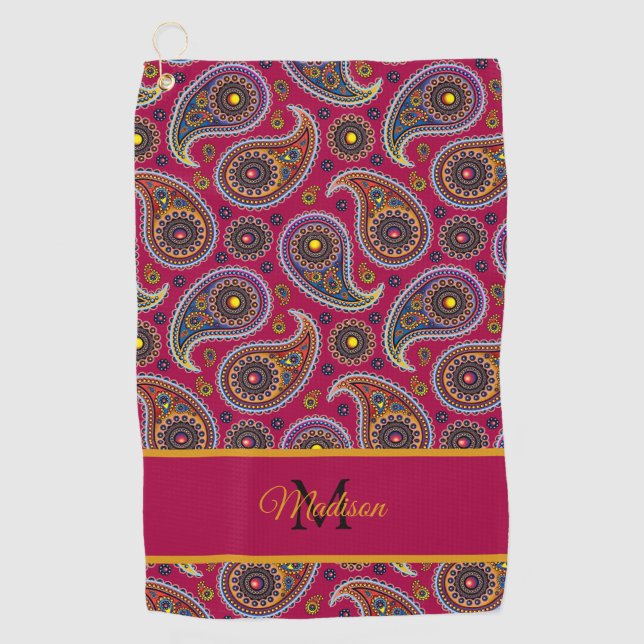 Serviette De Golf Joli Classique Paisley Rouge Jaune Monogramme     (Devant)
