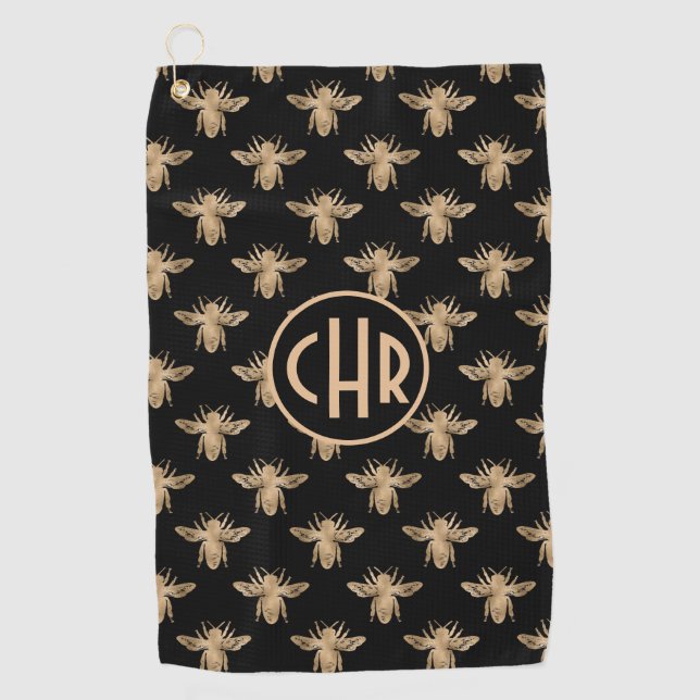 Serviette De Golf Joli Monogramme D'Abeille Reine Noir Et Or (Devant)
