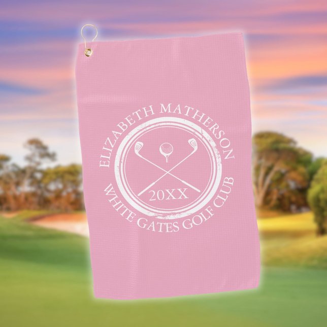 Serviette De Golf Joli nom de golfeuse rose Club Nom et Date (Pretty Girly Pink Golfer's Name Club Name and Date Golf Towel)
