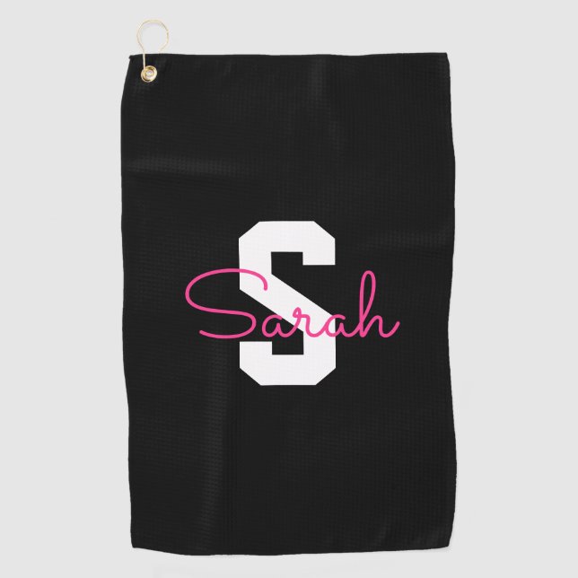 Serviette De Golf Joli nom et monogramme | Noir Blanc & Rose (Devant)