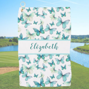 Serviette De Golf Joli papillon turquoise avec nom personnalisé dame