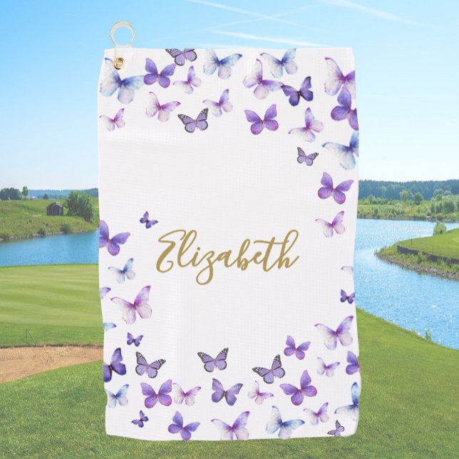 Serviette De Golf Joli papillons violets Nom personnalisé Dames (Créateur téléchargé)