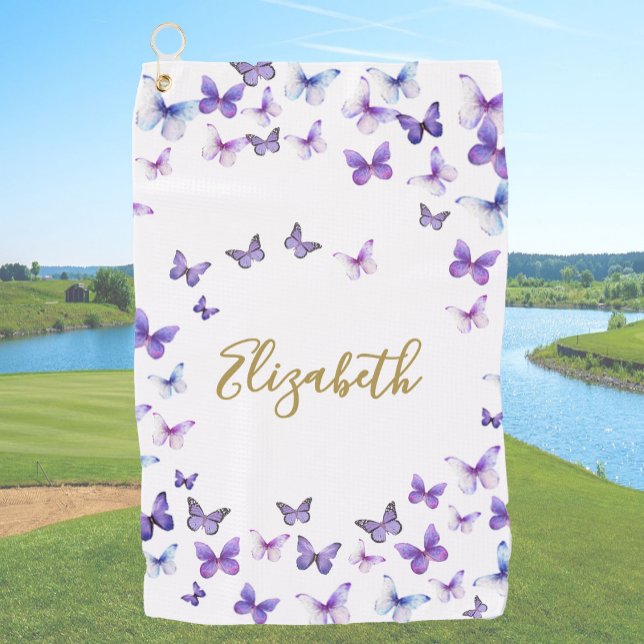 Serviette De Golf Joli papillons violets Nom personnalisé Dames Golf (Créateur téléchargé)