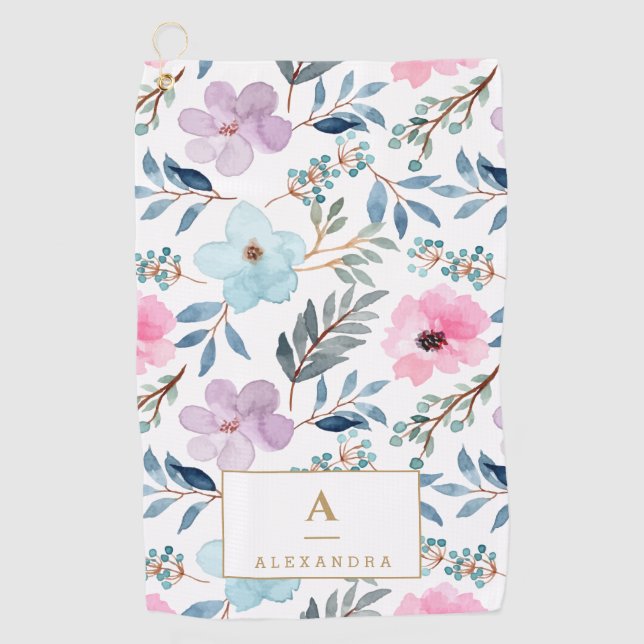 Serviette De Golf Joli Pastel Blue Aquarelle Fleurs Monogramme  (Devant)