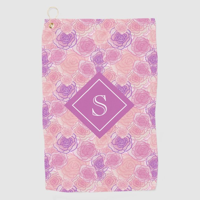 Serviette De Golf Joli Retro violet Rose Floral Monogramme (Devant)
