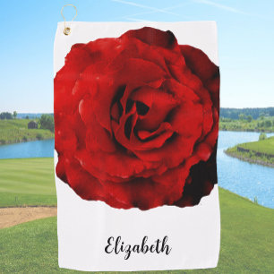 Serviette De Golf Jolie fleur de rose rouge profond nom personnalisé