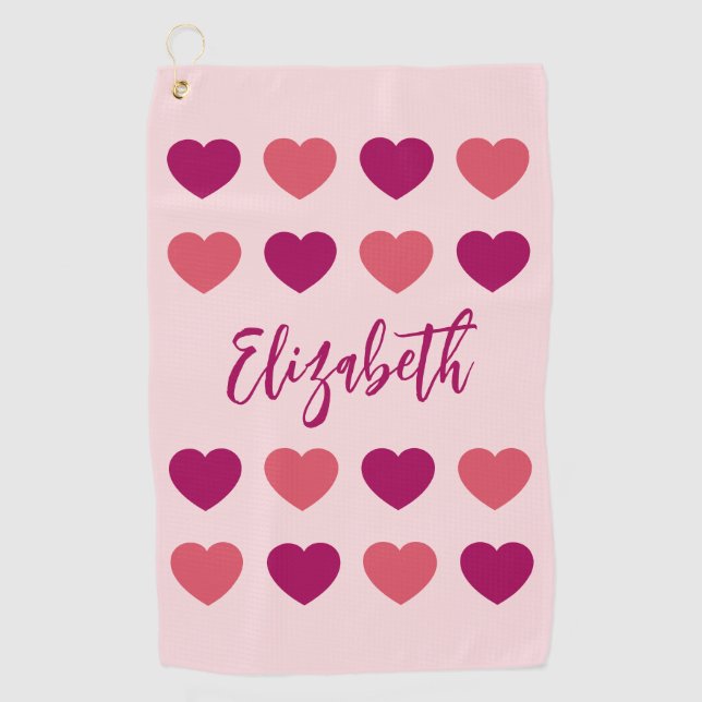 Serviette De Golf Jolis Tons de Coeurs Roses Script Noms Cursifs (Devant)