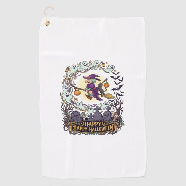 Serviette De Golf Joyeux Halloween Balai de Sorcière Chat Noir Fantô (Devant)