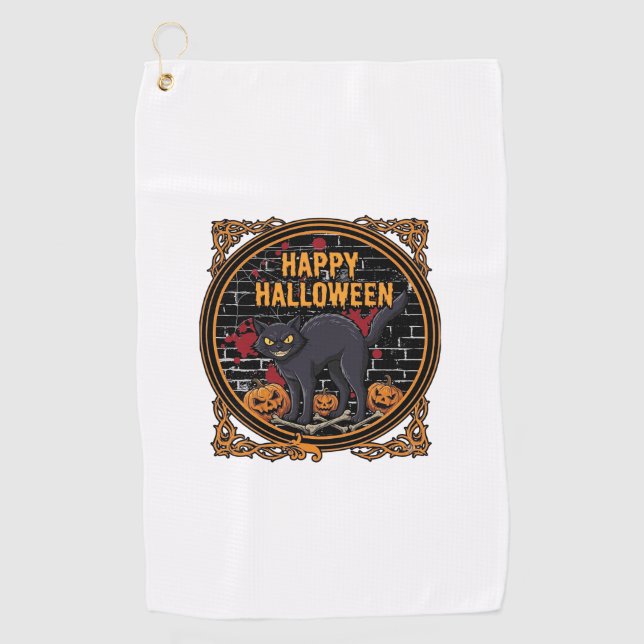 Serviette De Golf Joyeux Halloween Chat Noir Citrouilles Os_1 (Devant)