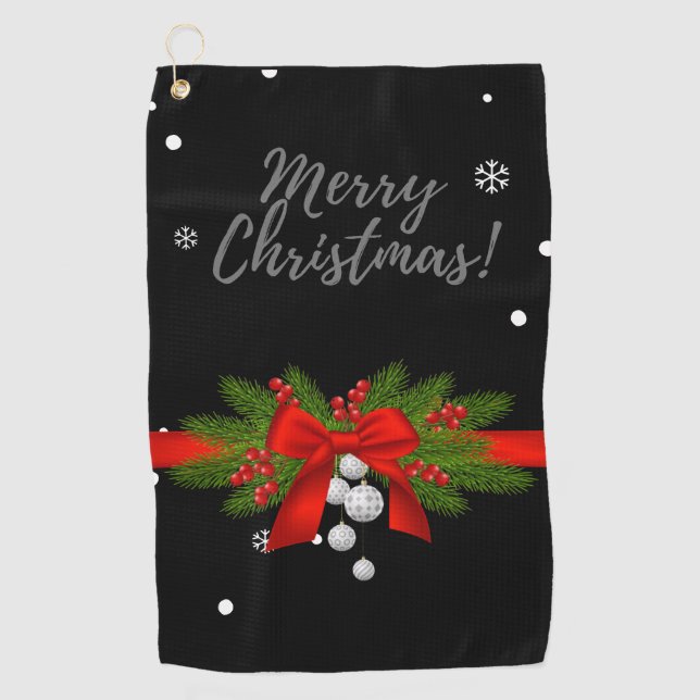 Serviette De Golf Joyeux Noël avec ruban rouge cadeau golfeur  (Devant)