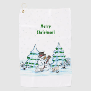Serviette De Golf Joyeux Noël ! Snowman avec chat et chiot