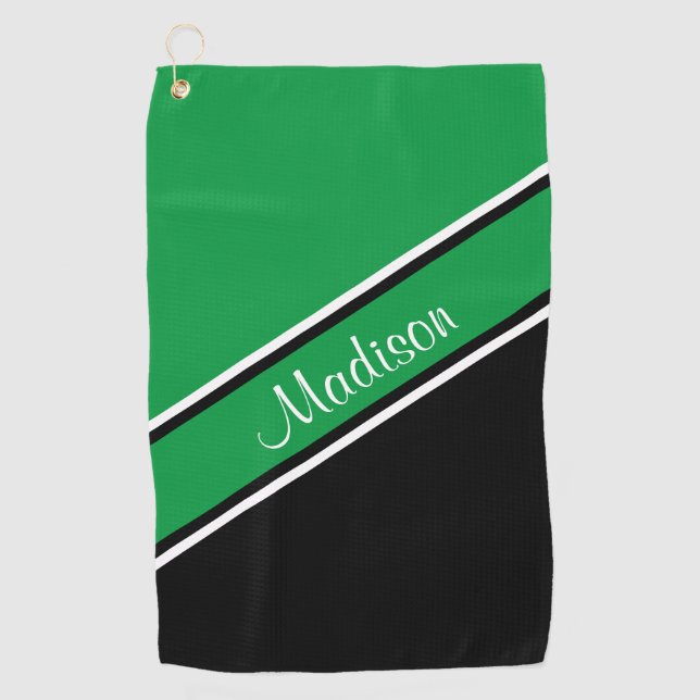 Serviette De Golf Kelly Green Black Diagonal Stripe Nom du script (Devant)