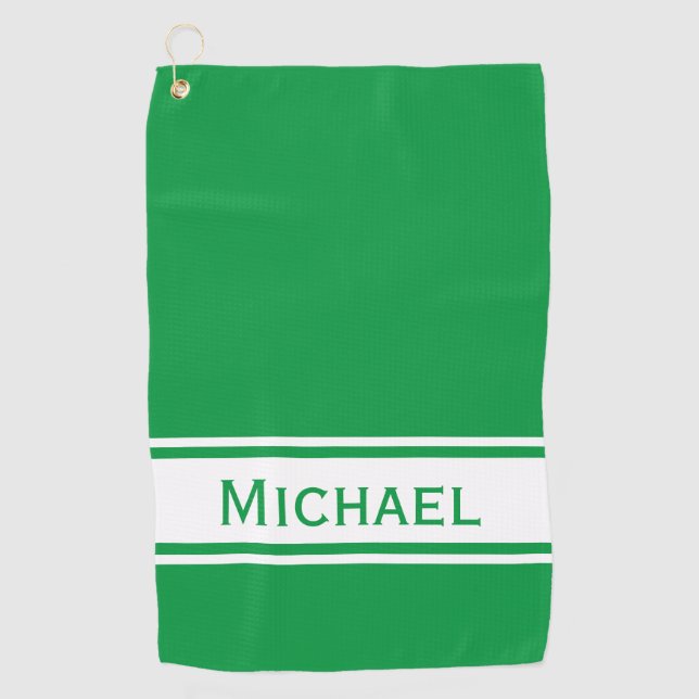 Serviette De Golf Kelly Green White Stripe Nom moderne Monogramme (Devant)