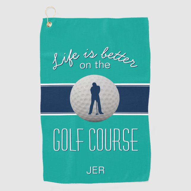 Serviette De Golf La vie est meilleure Citation Golf Monogrammé Bleu (Devant)