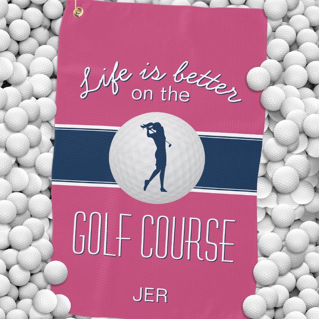 Serviette De Golf La vie est meilleure Citation Golf Monogrammé Rose (Life is Better Quote Golf Monogrammed Hot Pink Golf Towel)