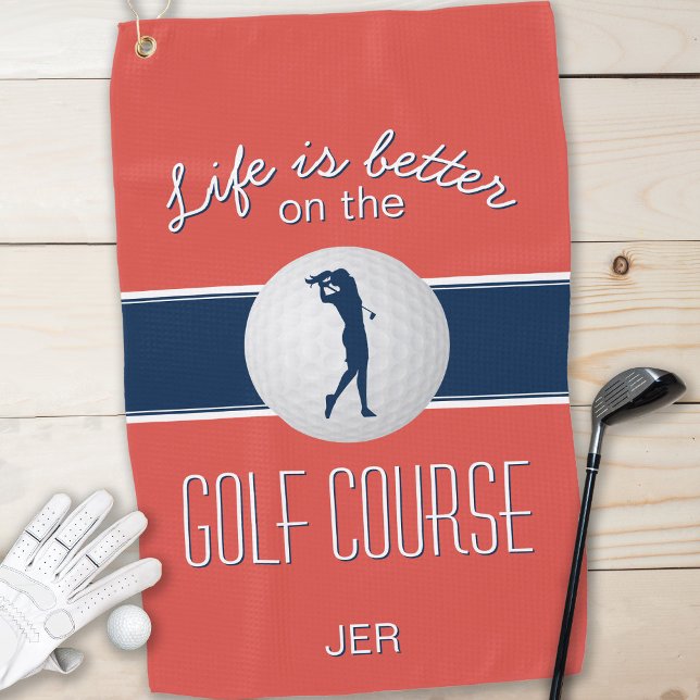 Serviette De Golf La vie est meilleure Citation Golf Monogramme Roug (Life is Better Quote Golf Monogrammed Red Blue Golf Towel)