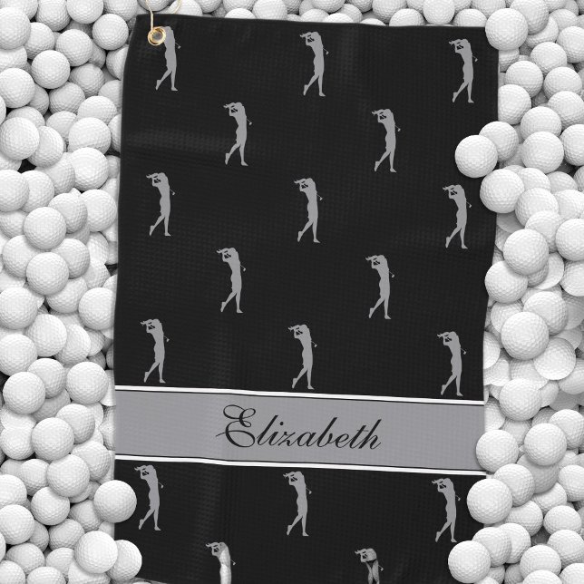 Serviette De Golf Lady Golfer Cutomisé Nom Motif Chic Black Grey (Lady Golfer Cutomized Name Pattern Chic Black Gray Golf Towel)