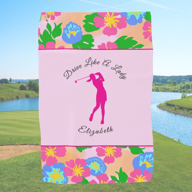 Serviette De Golf Lady Golfer Rose Floral Preppy Nom personnalisé Da (Créateur téléchargé)