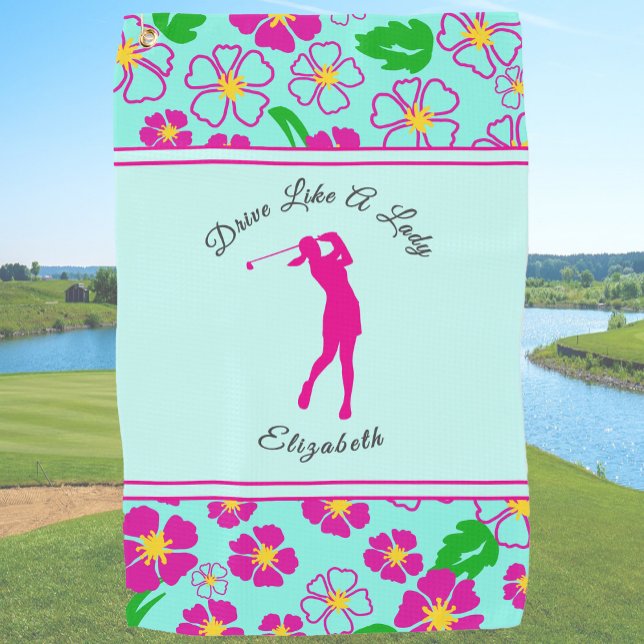 Serviette De Golf Lady Golfer Rose Floral Preppy Nom personnalisé Da (Créateur téléchargé)