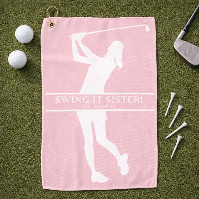 Serviette De Golf Lady Golfer Silhouette Personalized Monogram (Add initials, city, state to personalize,  Change caption too, if you wish)